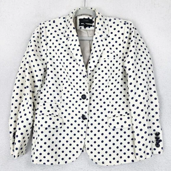 J Crew Jacket Womens 8 White Navy Blue Polka Dot Linen Schoolboy Blazer Career - Picture 1 of 15